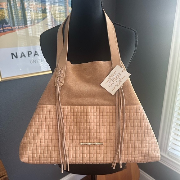 NWT Elaine Turner Elegant Two Tone Tan Suede & Leather Quilted Boho Bag - Picture 2 of 9